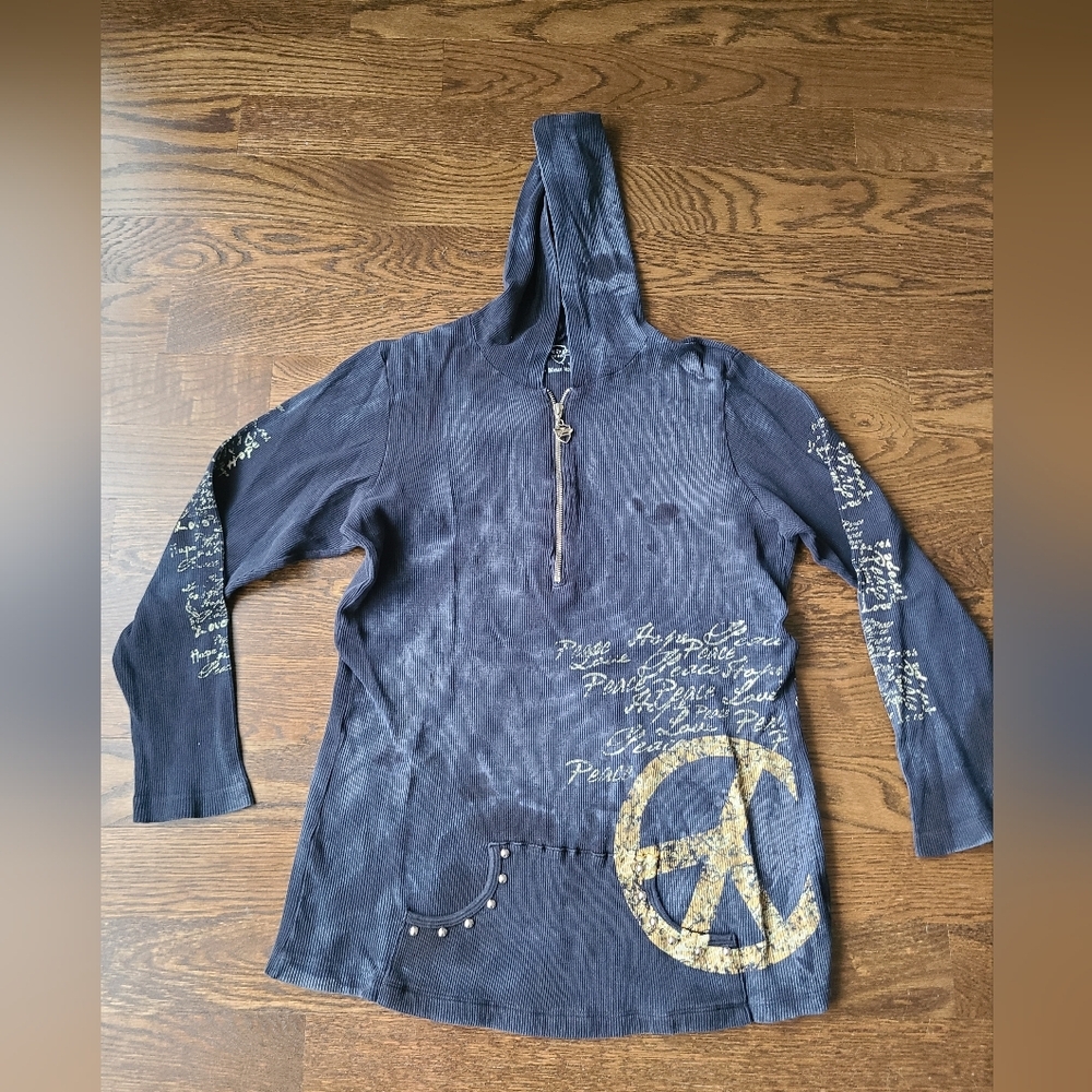 Sledge USA  Navy waffle  Hoodie with Peace Sign Design Sz.1X Women's